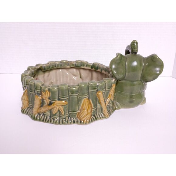 Majolica Pottery Lucky Happy Trunk Up Elephant with Bamboo Vintage Planter - Picture 5 of 11